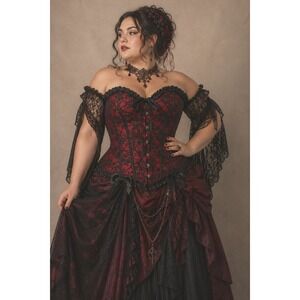 Floral Lace Corset Bustier Large Red Black Goth Steampunk Bows Renaissance Fest